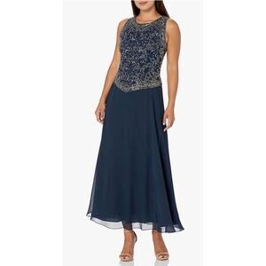 J KARA PETITE LONG BEADED V TRIM DETAIL DRESS NAVY 6 Petite Mother of the Bride